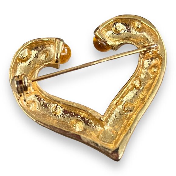 Vintage Pin Brooch Pin Matte Gold Open Heart Gripoix Style Cabochon 4W - Picture 2 of 2